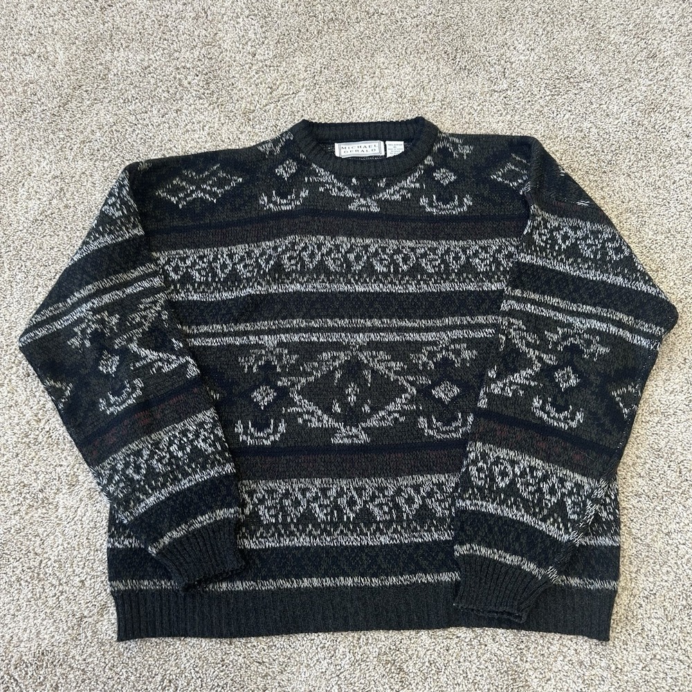 Vintage Michael Gerald Sweater Mens XL Gray White Aztec Grandpa Crewneck 90s